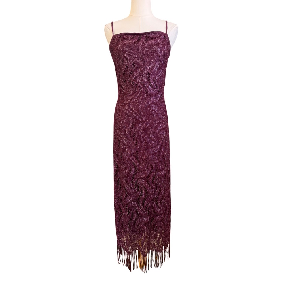 Vintage California Concepts Metallic Fringe Midi Dress Plum Burgundy Medium